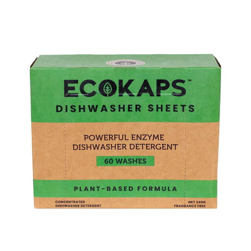 Box of ECOKAPS Dishwasher Enzyme Detergent Sheets on white background
