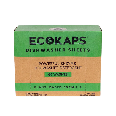 Box of ECOKAPS Dishwasher Enzyme Detergent Sheets on white background