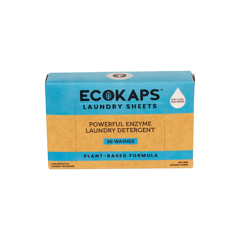 Box of ECOKAPS laundry detergent enzyme sheets on a white background