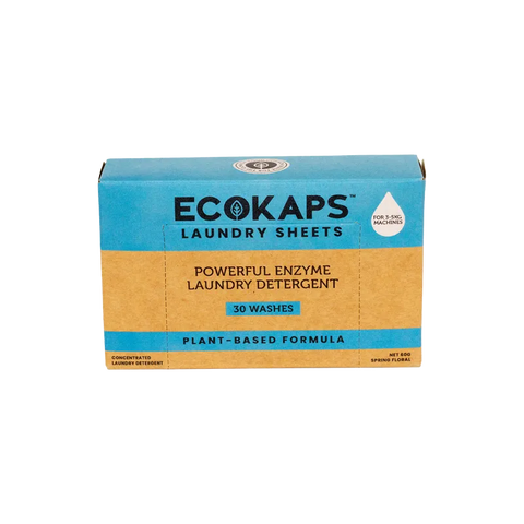 Box of ECOKAPS laundry detergent enzyme sheets on a white background