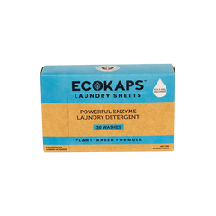 Box of ECOKAPS laundry detergent enzyme sheets on a white background