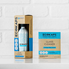 ECOKAPS glass cleaner bottle and sheet kit with refill envelope on a white background