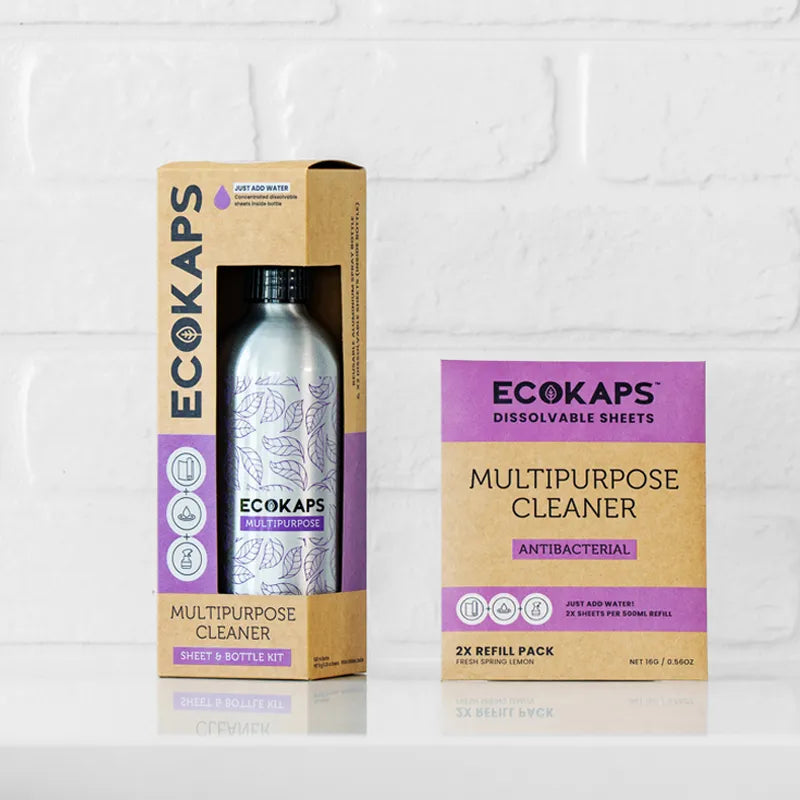 ECOKAPS Multipurpose Cleaner sheet & bottle kit and refill envelope on white background