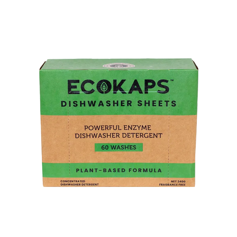 Box of ECOKAPS Dishwasher Enzyme Detergent Sheets on white background