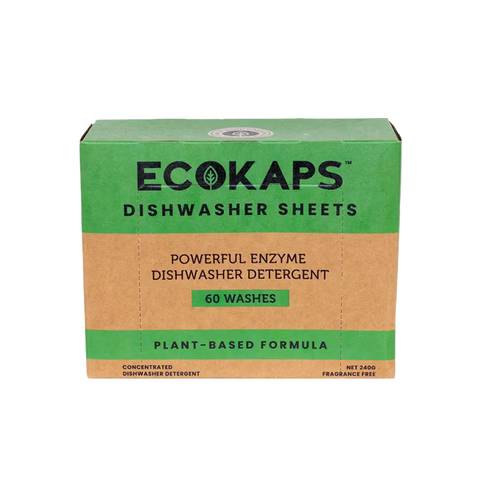 Box of ECOKAPS Dishwasher Enzyme Detergent Sheets on white background