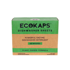 Box of ECOKAPS Dishwasher Enzyme Detergent Sheets on white background