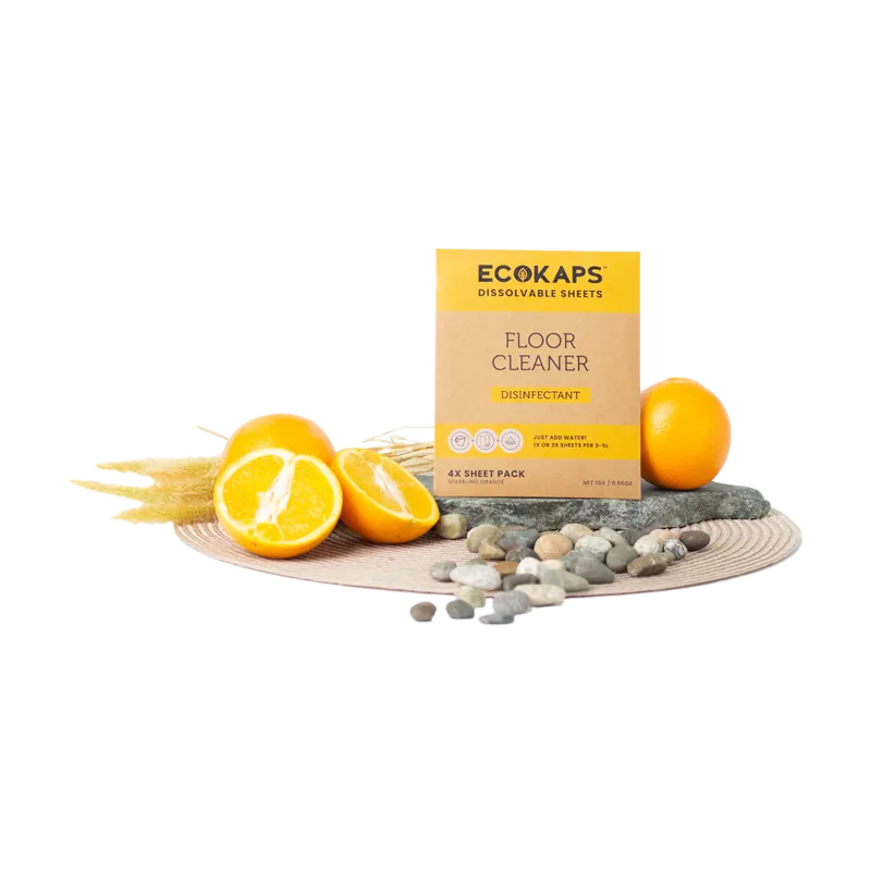 ECOKAPS floor cleaner sheets envelope with oranges and stones on a white background
