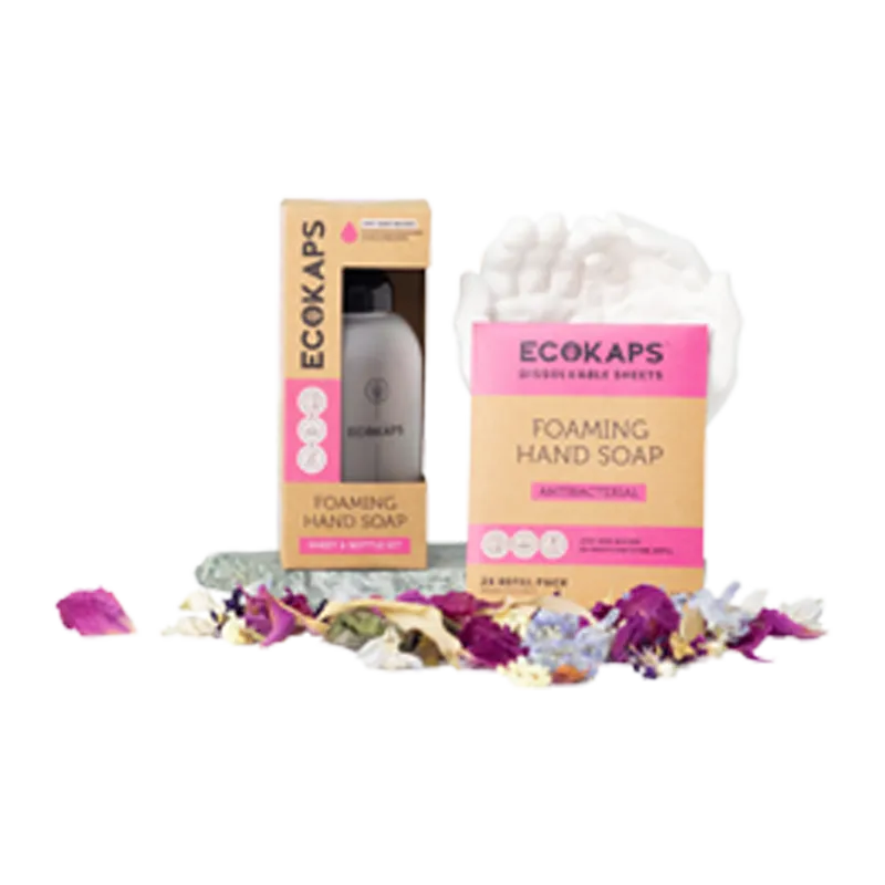 ECOKAPS foaming hand soap sheet & bottle kit with flowers on a white background