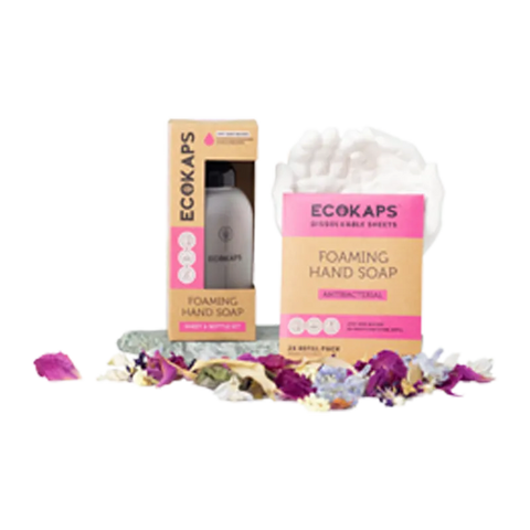 ECOKAPS foaming hand soap sheet & bottle kit with flowers on a white background