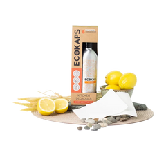 ECOKAPS kitchen degreaser sheet & bottle kit with lemons and stones on a white background