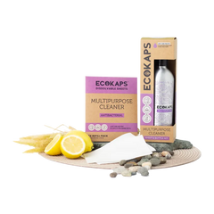 ECOKAPS multipurpose cleaner sheet & bottle kit with lemon slices and stones on a white background