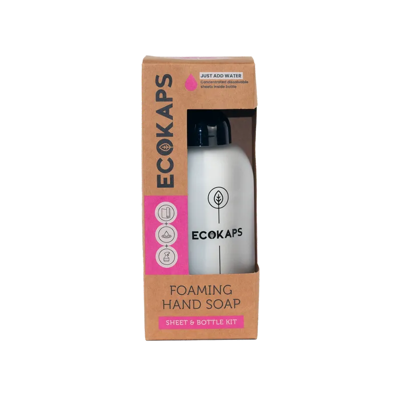 ECOKAPS foaming hand soap sheet & bottle kit with a clear background