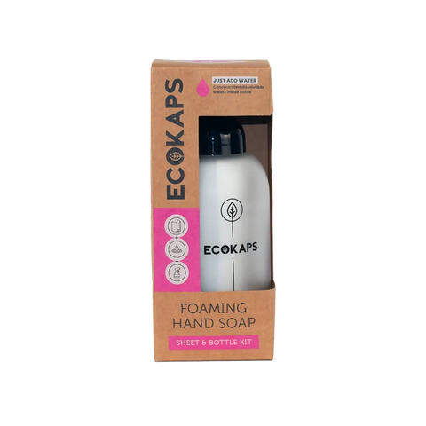 ECOKAPS foaming hand soap sheet & bottle kit with a clear background