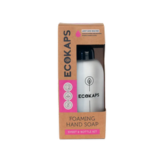 ECOKAPS foaming hand soap sheet & bottle kit with a clear background