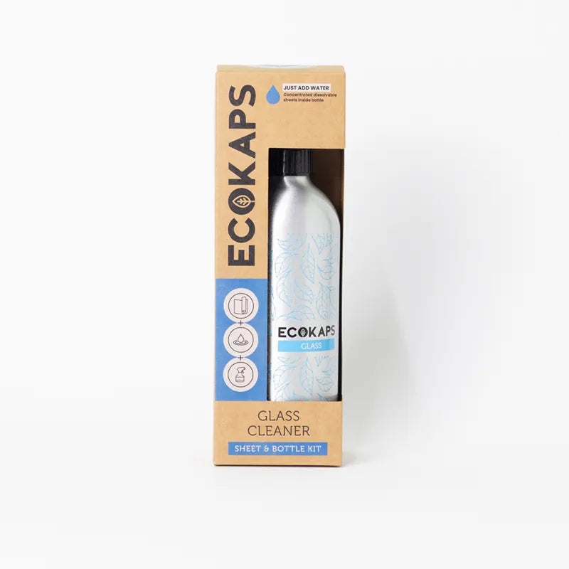 ECOKAPS glass cleaner sheet & bottle kit on a white background