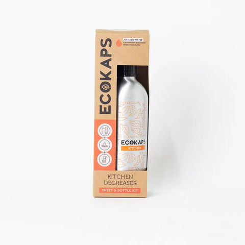 ECOKAPS kitchen degreaser sheet & bottle kit on a white background