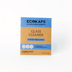 ECOKAPS dissolvable glass cleaner sheets envelope on a white background