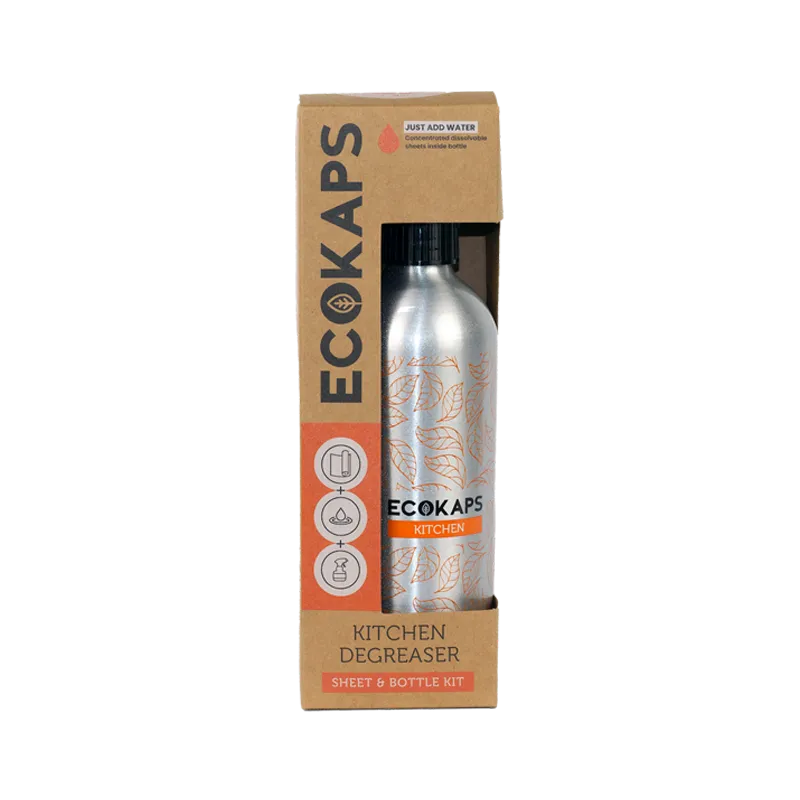 ECOKAPS kitchen degreaser sheet & bottle kit on a white background