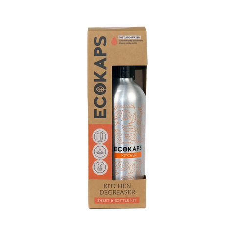 ECOKAPS kitchen degreaser sheet & bottle kit on a white background