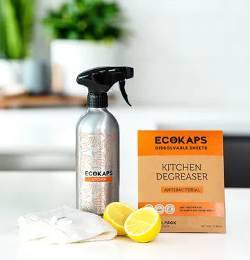 bottle of kitchen degreaser cleaning sheets, dissolvable cleaning sheets ecokaps new zealand