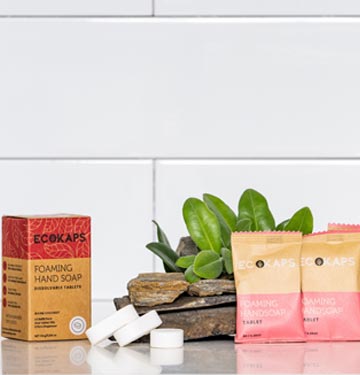 ECOKAPS, dissolvable hand soap products, tablet and bottle, New Zealand